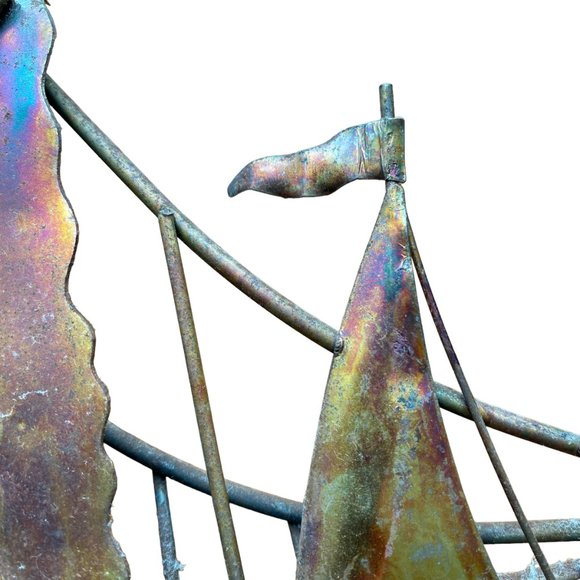 Vintage Mid Century Copper Metal Brutalist Style Wall Hanging Sailboats Bridge - Picture 11 of 16